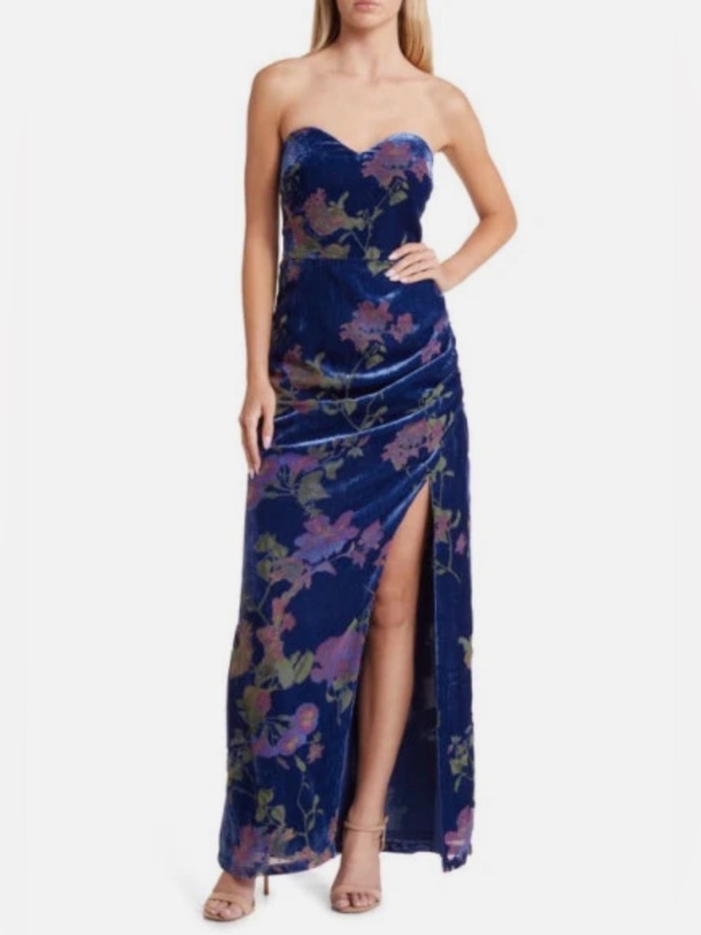 Lulu's Exquisite Blue Floral Burnout Velvet Strapless Maxi Dress M NWT NightOut - Picture 5 of 15